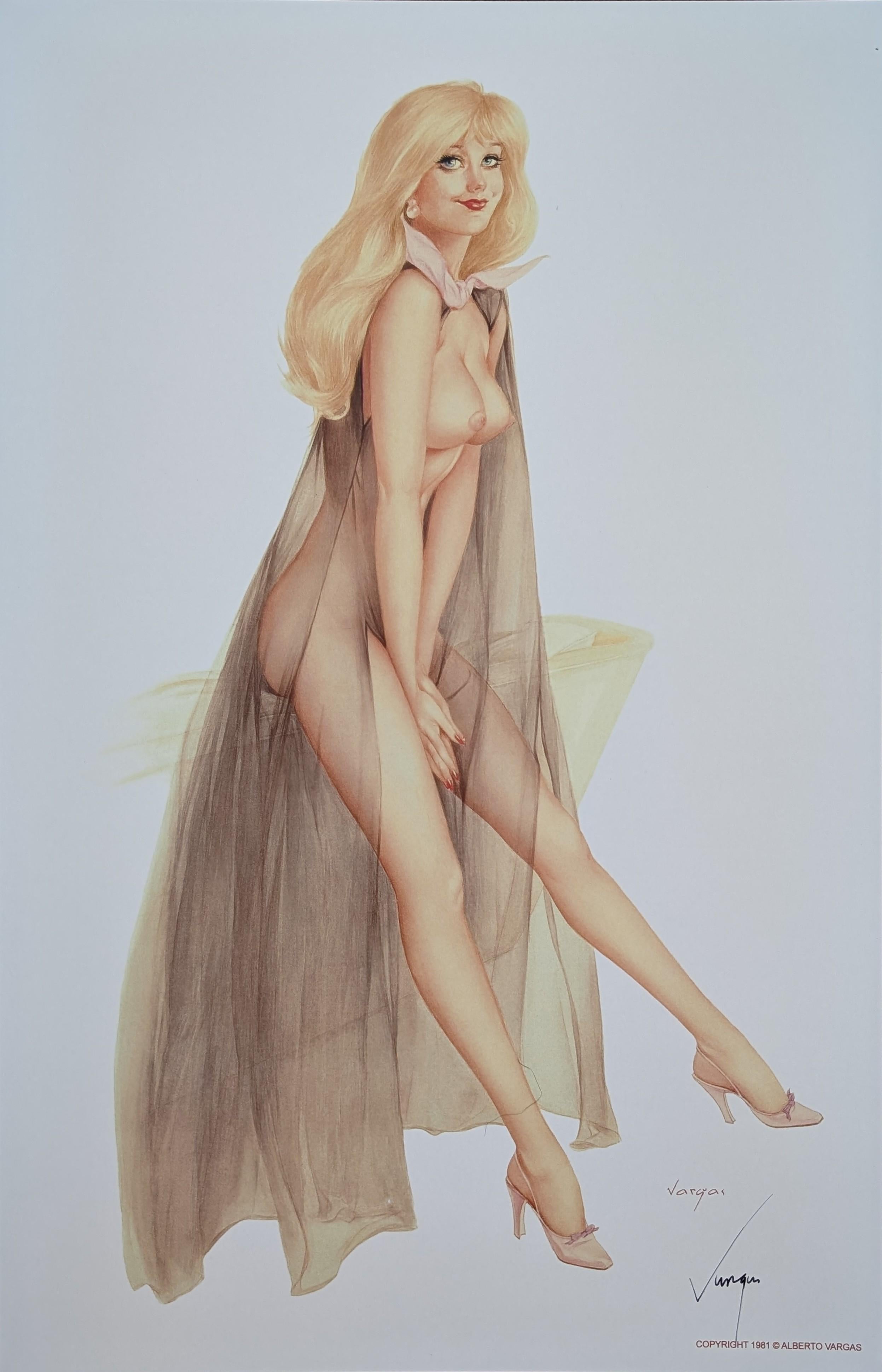 Künstler: Alberto Vargas
Titel: Titel unbekannt. Playboy Pin-up Illustration vom November 1972
Beschreibung: Frau mit langen blonden Haaren, die eine lange durchsichtige Bettdecke trägt 
Vom Künstler handsigniert: Ja, rechte untere Ecke.
Medium: