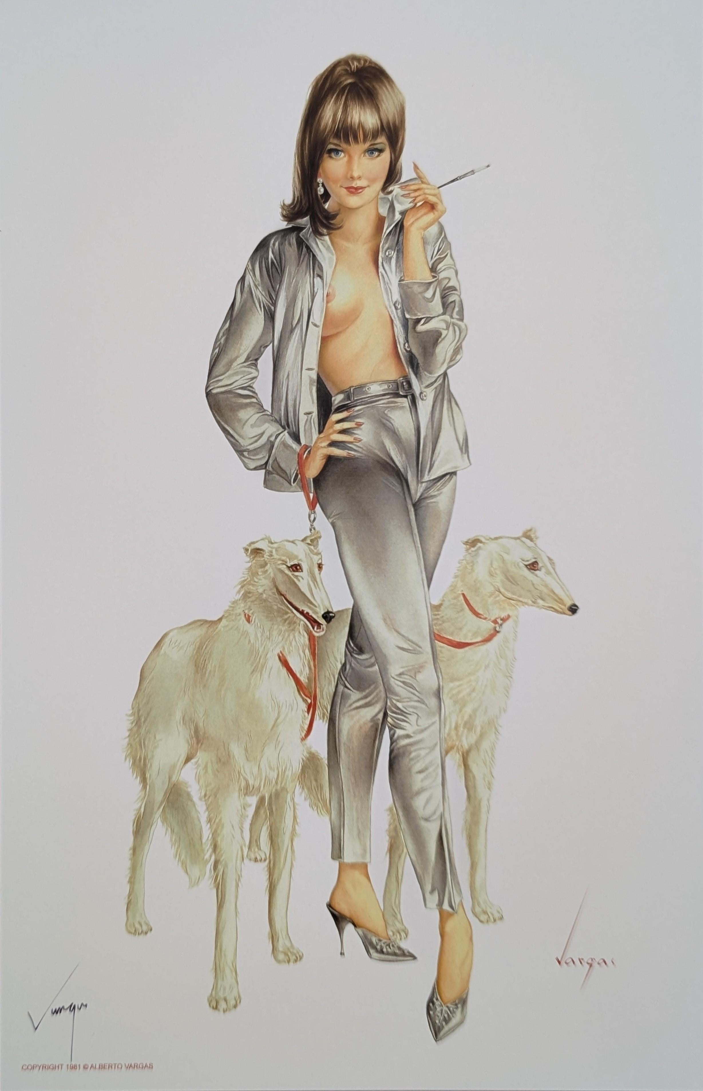 Künstler: Alberto Vargas
Titel: Titel unbekannt. Playboy Pin-up Illustration vom Oktober 1966
Beschreibung: Frau mit 2-teiligem Silberhosen-Set mit 2 Afghanischen Hunden
Vom Künstler handsigniert: Ja, rechte untere Ecke.
Medium: Lithographie auf