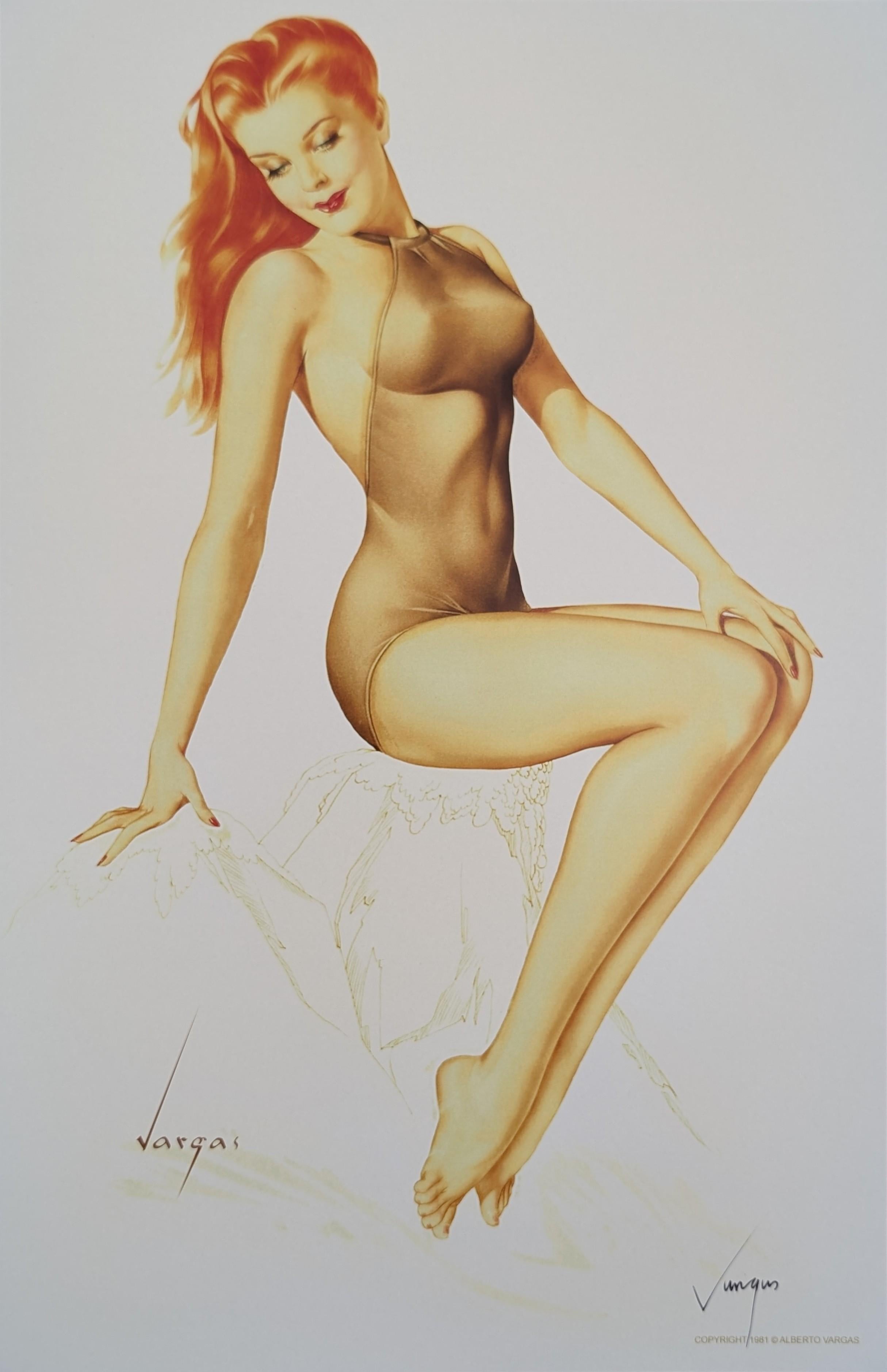 Künstler: Alberto Vargas
Titel: Titel unbekannt. Illustration des Esquire-Kalenders, Februar 1946
Beschreibung: Langhaarige rothaarige Frau in durchsichtigem Einteiler
Vom Künstler handsigniert: Ja, rechte untere Ecke.
Medium: Lithographie auf