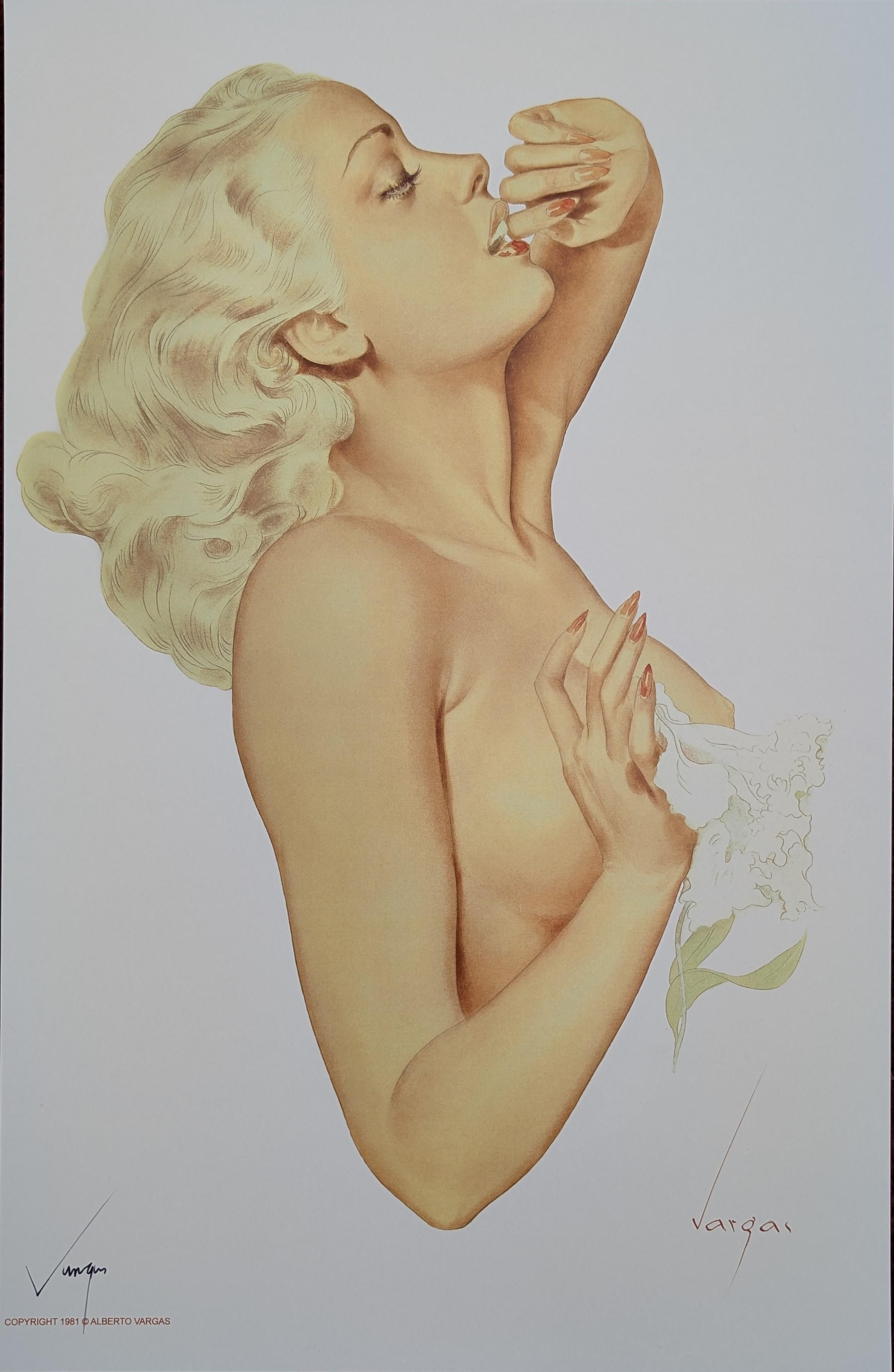 Künstler: Alberto Vargas
Titel: Akt mit Lilienblüte
Beschreibung: Oberteil Blonde Dame mit lilienbedeckter Brust
Vom Künstler handsigniert: Ja, linke untere Ecke.
Medium: Lithographie auf Papier. 
Abmessungen: 17