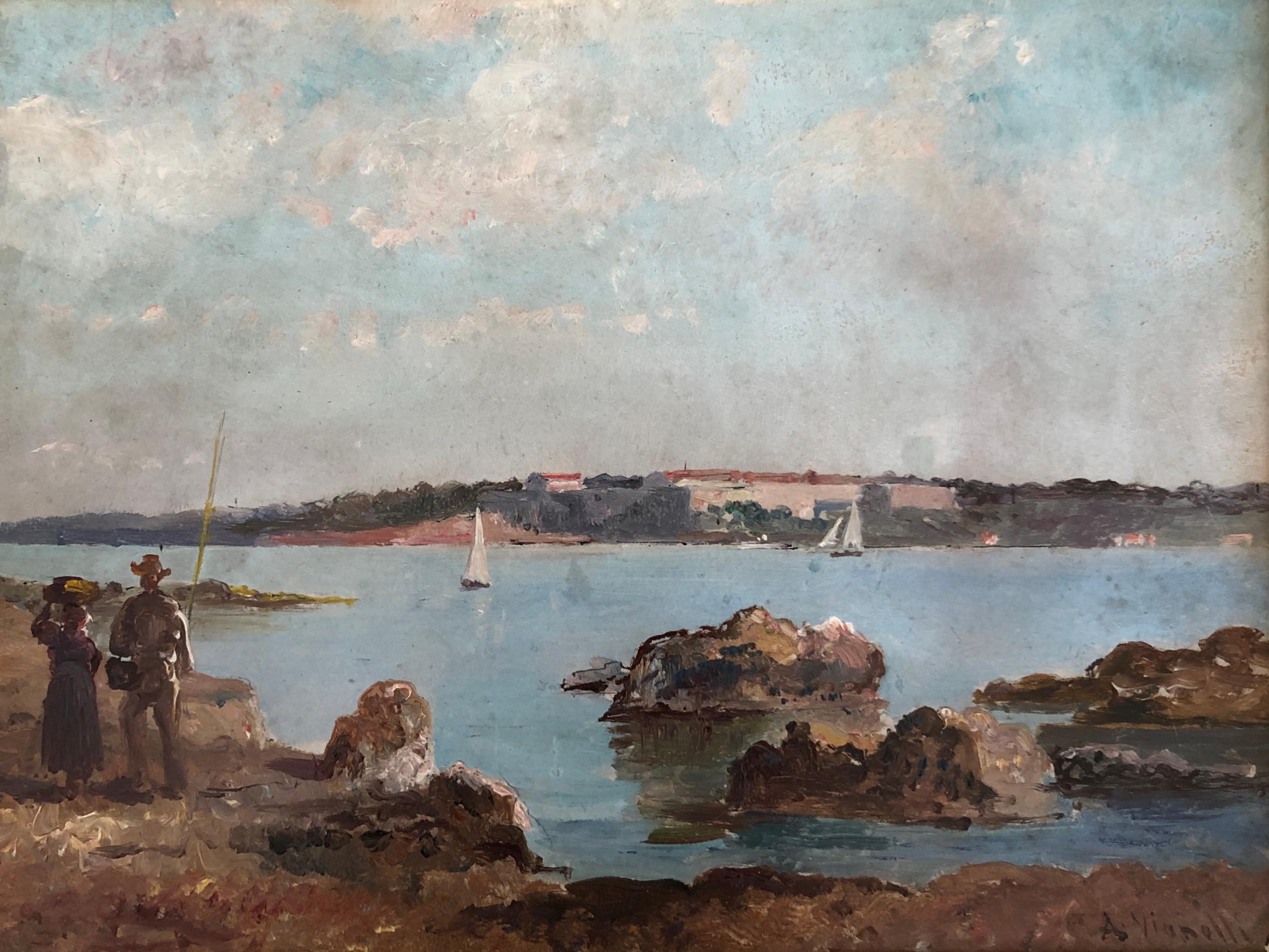 Alberto Vianelli Landscape Painting - Riverside with fishermen