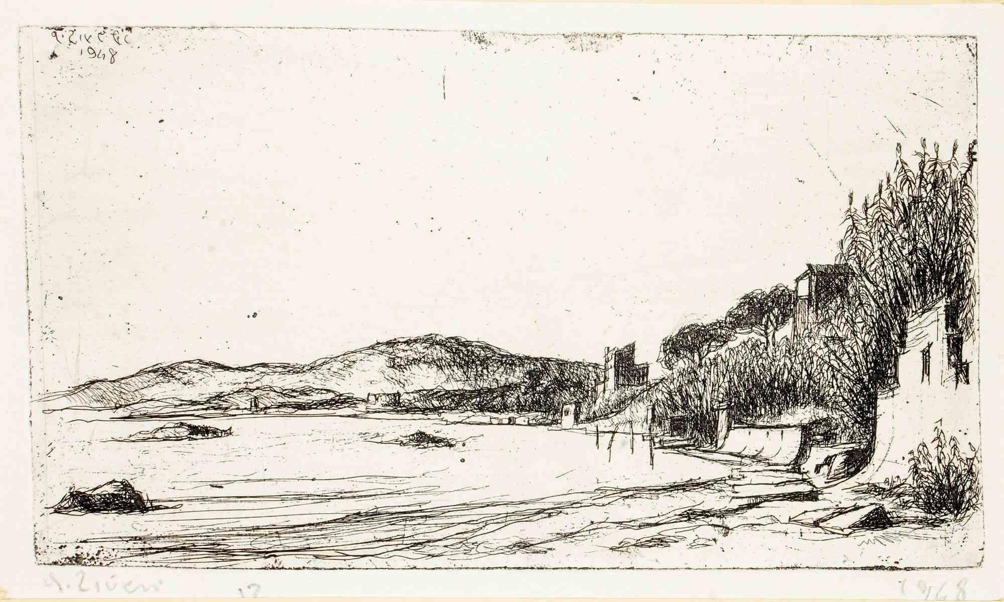 Landscape Etching, Modern Style, Signed, Edition of 20, 1948
