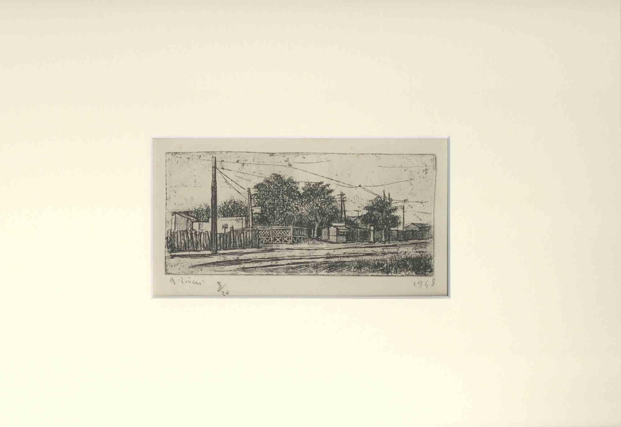 Paesaggio, Roma nascosta - Acquaforte di Alberto Ziveri - 1948 in vendita 1
