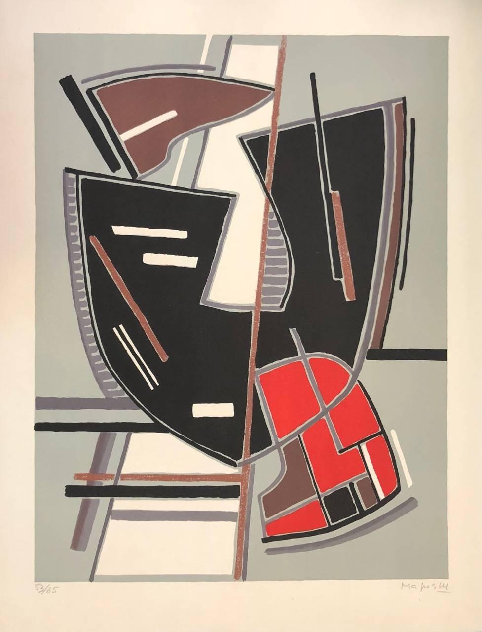 Alberto Magnelli Abstract Print - Abstract Composition with Red - Original Litho by A. Magnelli - 1965