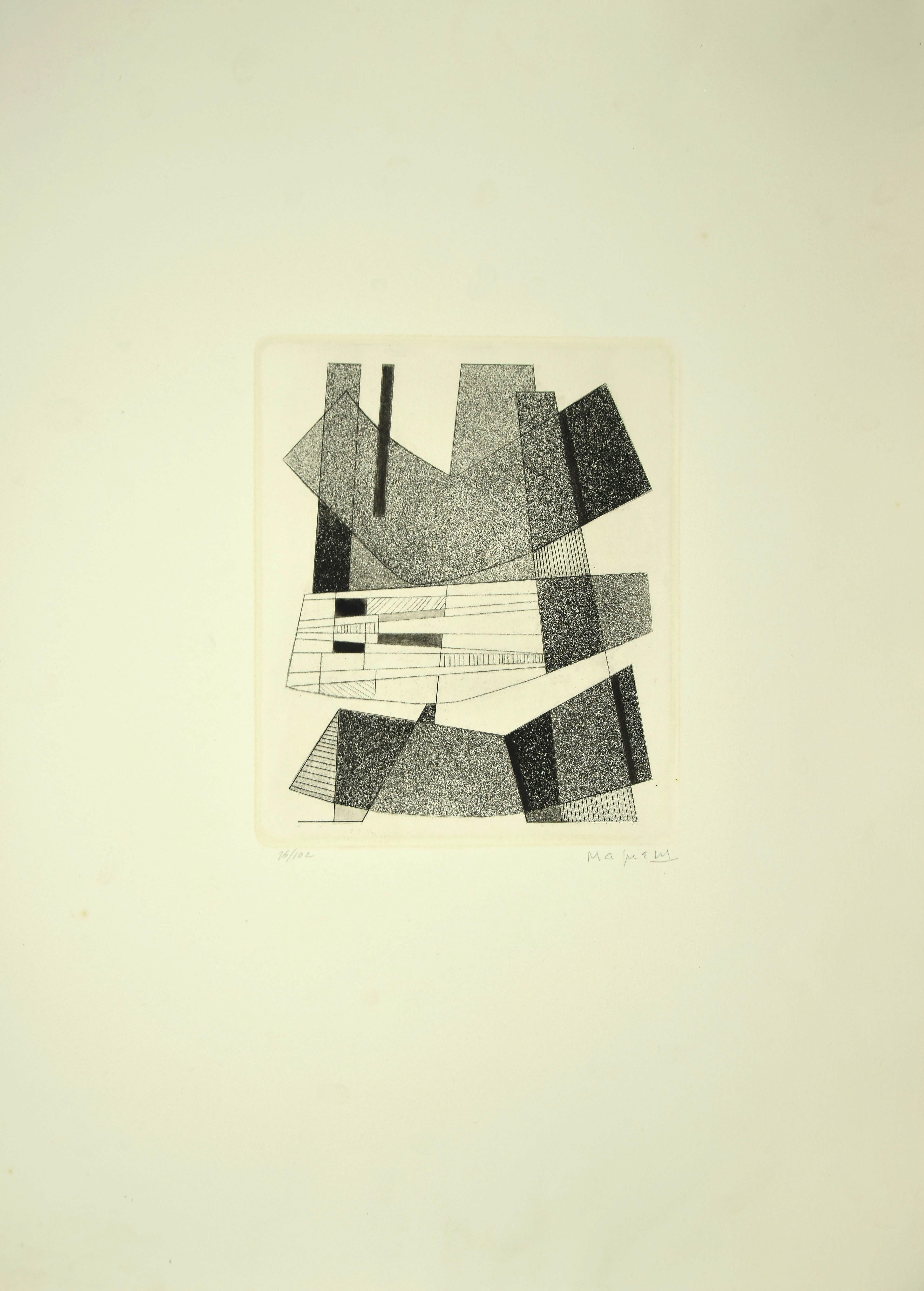 Geometric Black and White - Original Etching by A. Magnelli - 1964 - Print by Alberto Magnelli