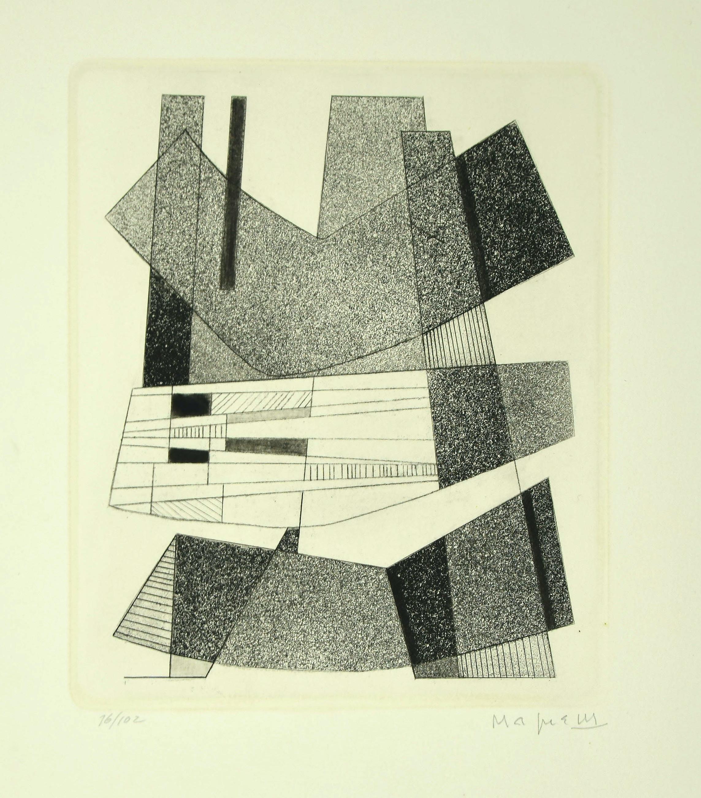 Alberto Magnelli Abstract Print - Geometric Black and White - Original Etching by A. Magnelli - 1964
