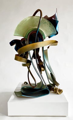 Sculpture abstraite « Arc III » en métal acier et verre moulé, industriel