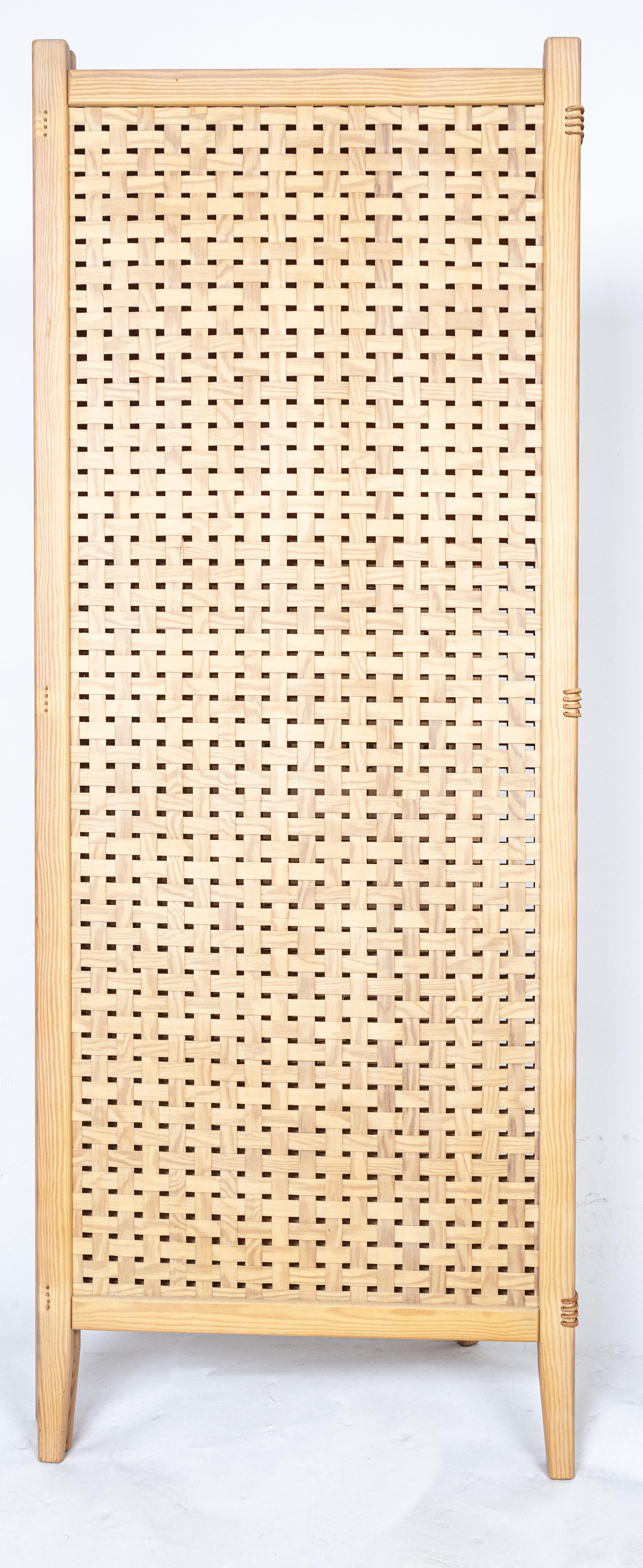 Woven Alberts Tibro ‘Spåna’ Folding Screen Wood and Leather For Sale