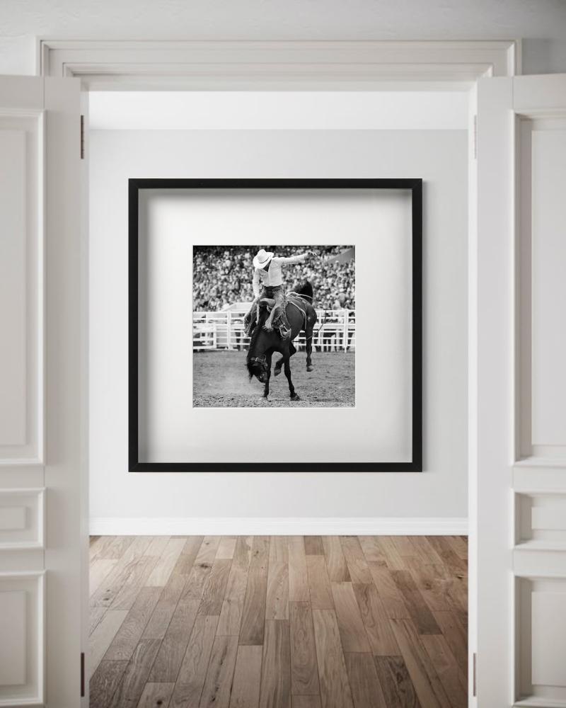 Calgary, Cowboy and Horse, Rodeo, black and white- Fine Art Photography, 1978 - Black Figurative Photograph by Albert Watson