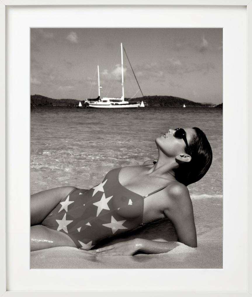 Cindy Crawford, U.S. Virgin Island - Beach Portrait, Fine Art Photography, 1986 - Gray Black and White Photograph by Albert Watson