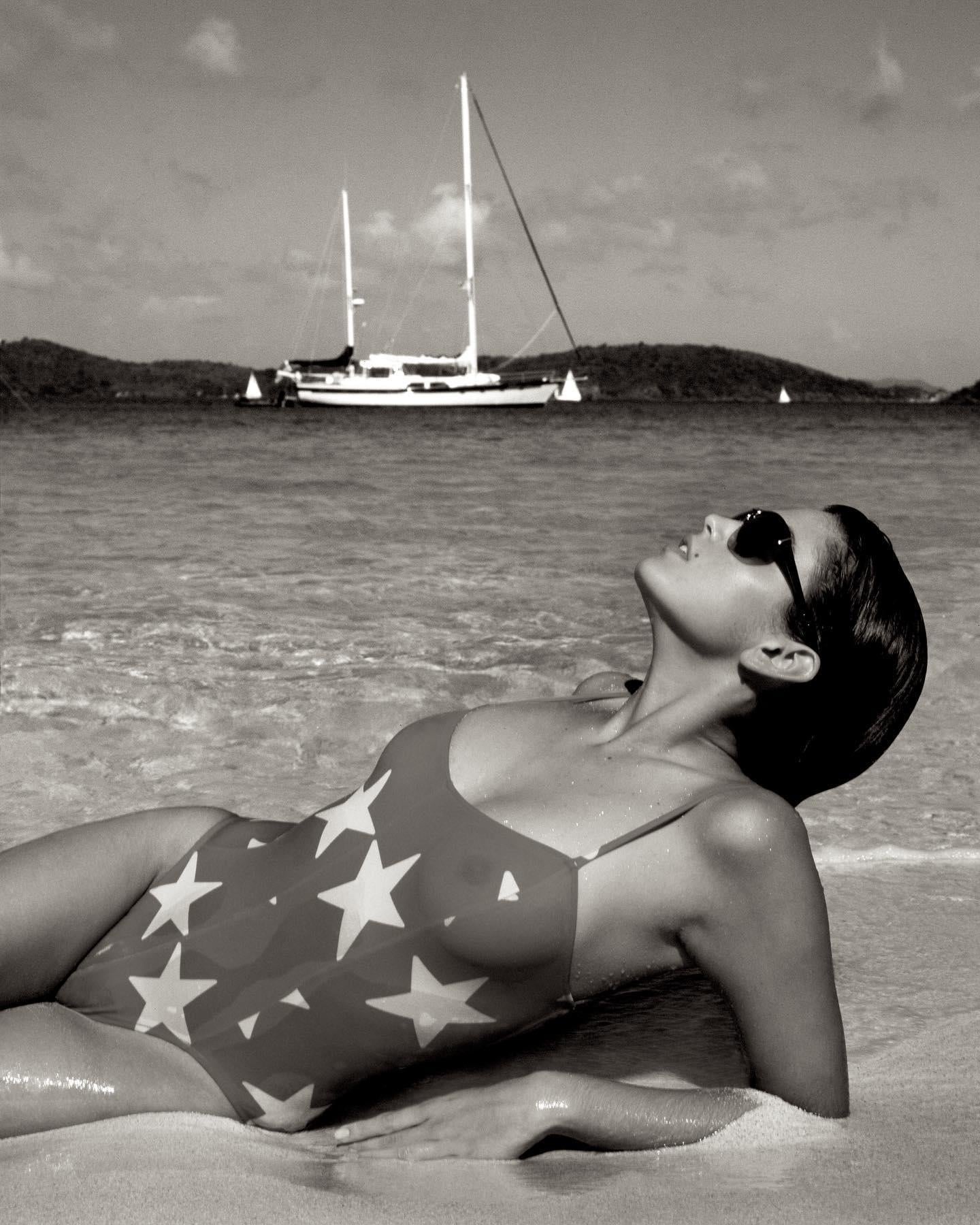 Albert Watson Black and White Photograph - Cindy Crawford, U.S. Virgin Island - Beach Portrait, Fine Art Photography, 1986