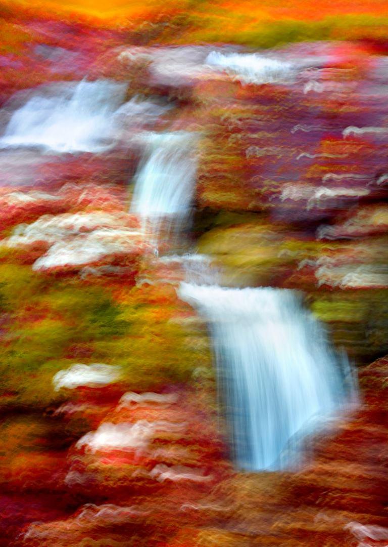 Albert Watson Landscape Photograph - 'Fairy Pools I' - blurred waterfalls and red bushes, fine art photography, 2013