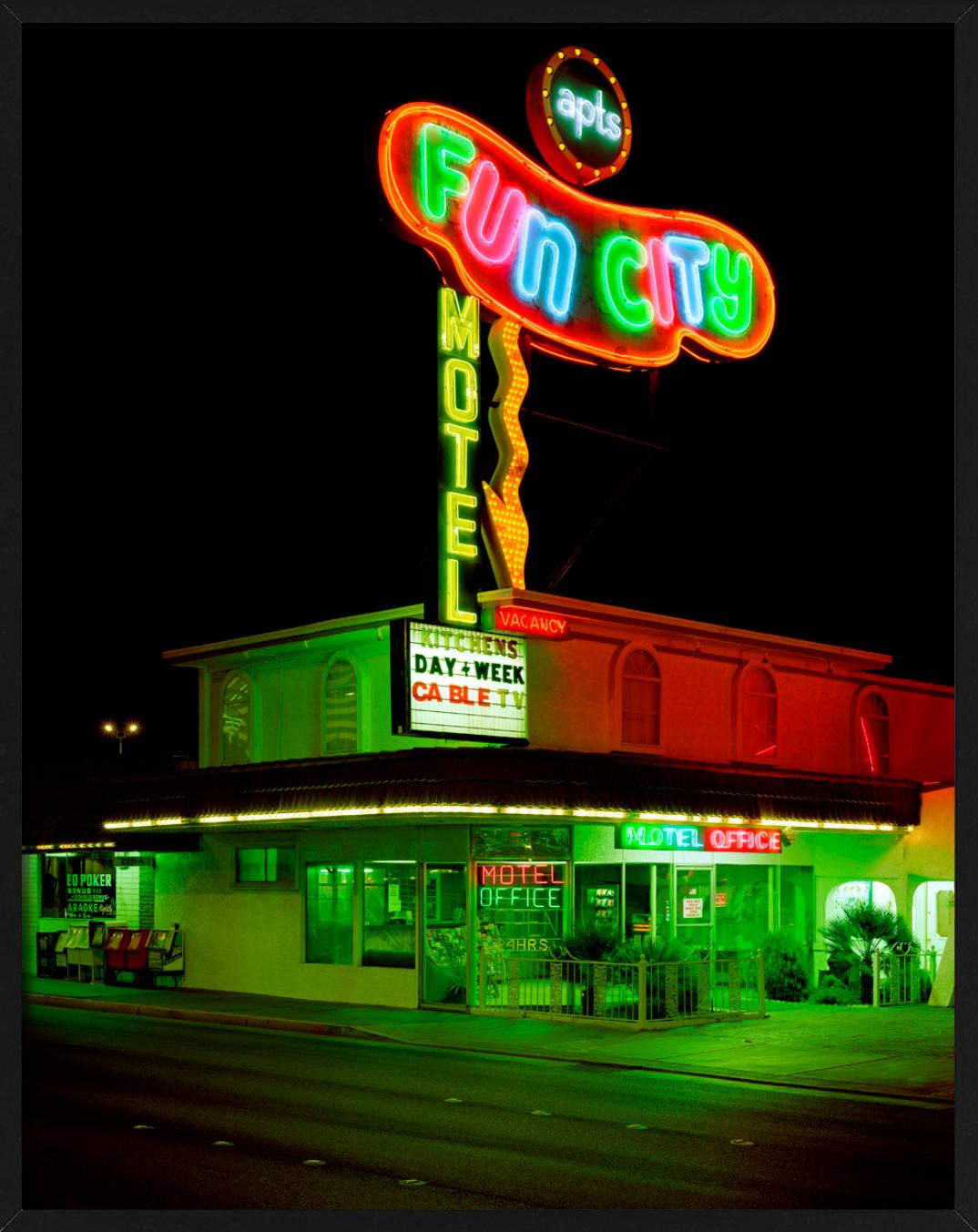 Fun City, Las Vegas - Motel on the strip with neon signs, Fine Art Photography - Black Color Photograph by Albert Watson