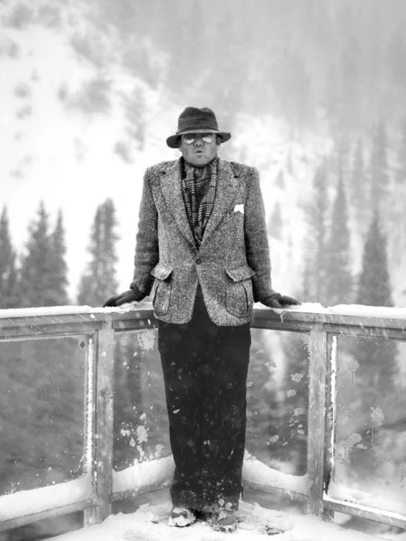 Albert Watson Black and White Photograph - Jack Nicholson, Aspen - portrait with tweed in snow, fine art phtography, 1981