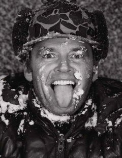 Jack Nicholson, Aspen - iconic b&w portrait on shining set, snow, hat, tongue