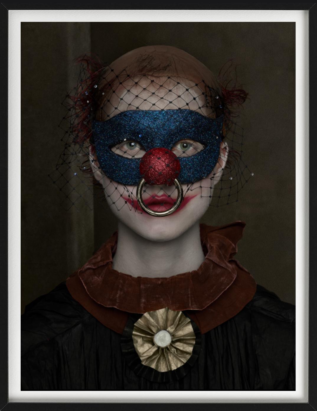 Julie, New York - Model in a Clown Mask, Fine Art Photography, 2017 - Black Figurative Photograph by Albert Watson