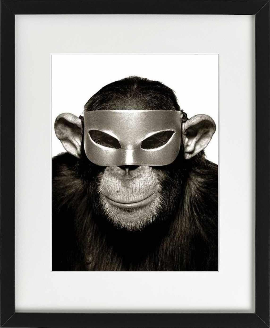 Affen mit Maske – Tierporträt mit Maske, Kunstfotografie, 1992 (Schwarz), Black and White Photograph, von Albert Watson