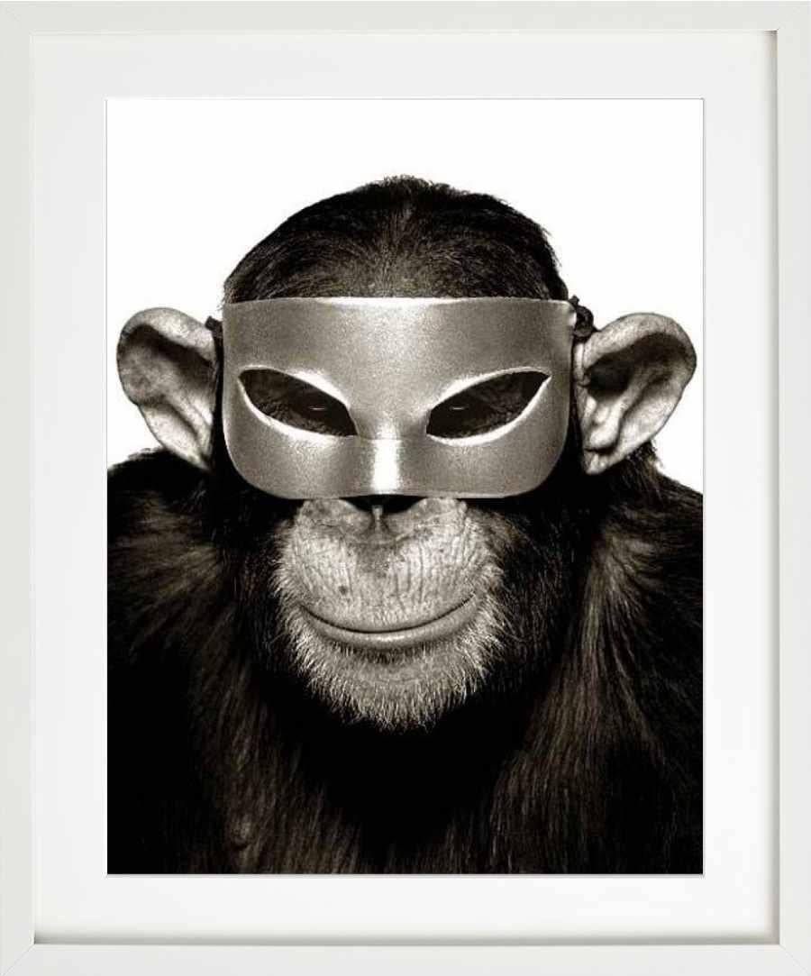 Monkey with Mask - animal portrait with mask, fine art photography, 1992 - Black Black and White Photograph by Albert Watson