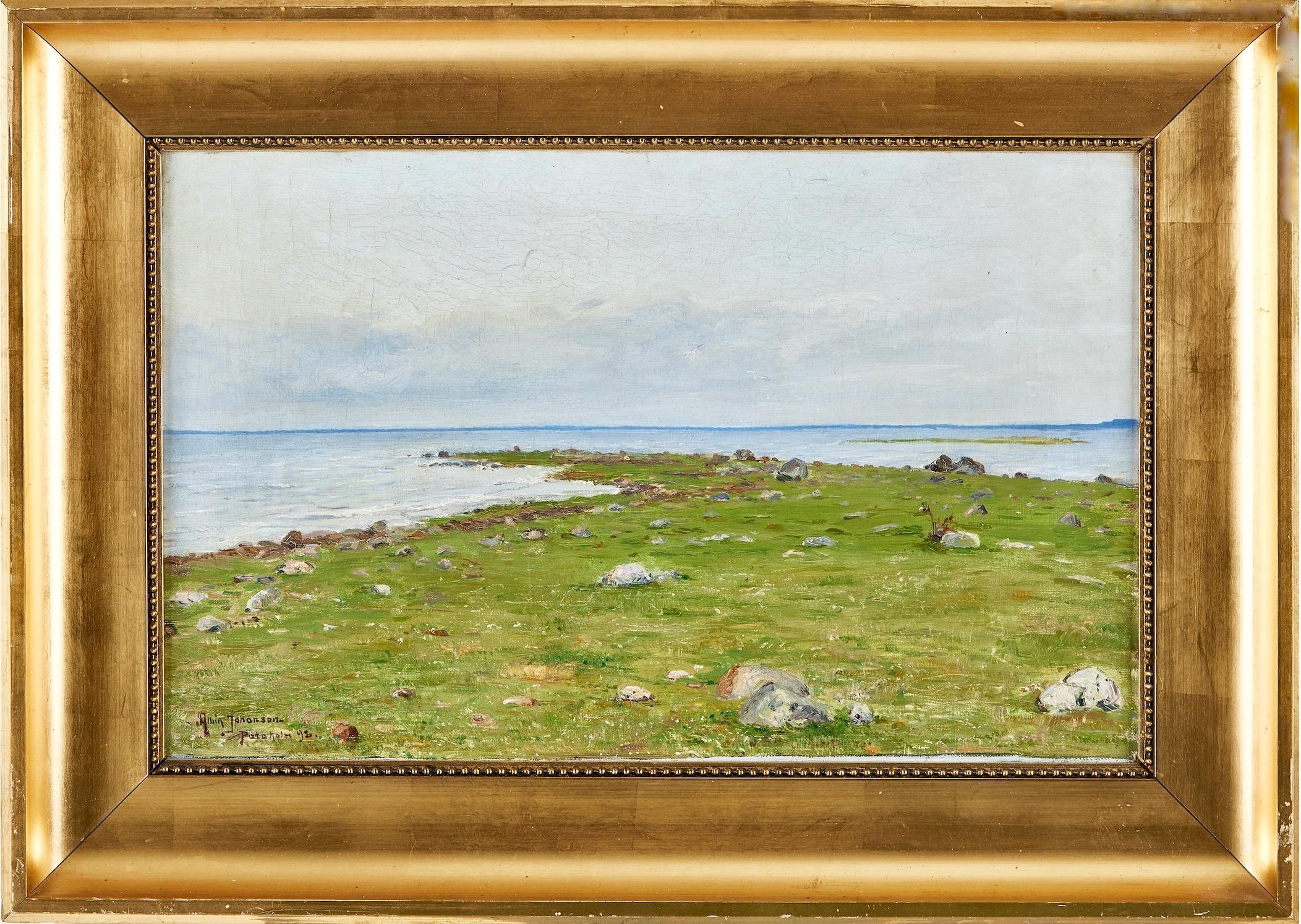 Swedish Summer Day at a Small Cape Along the Coast, Signed Oil on Canvas, 1892