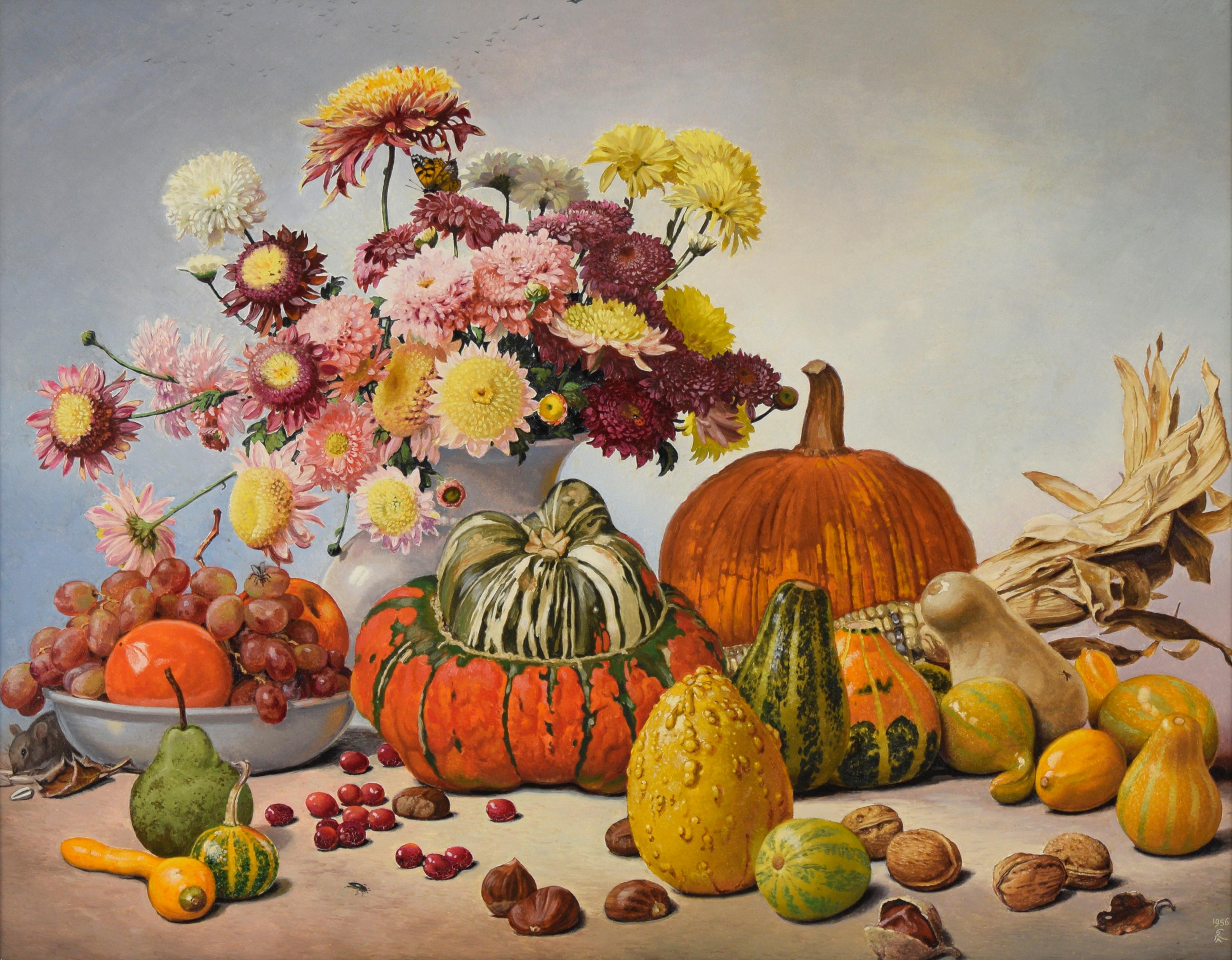 Autumn Gift - Seasonal Harvest Still Life with Flowers - Painting by Albin Kern