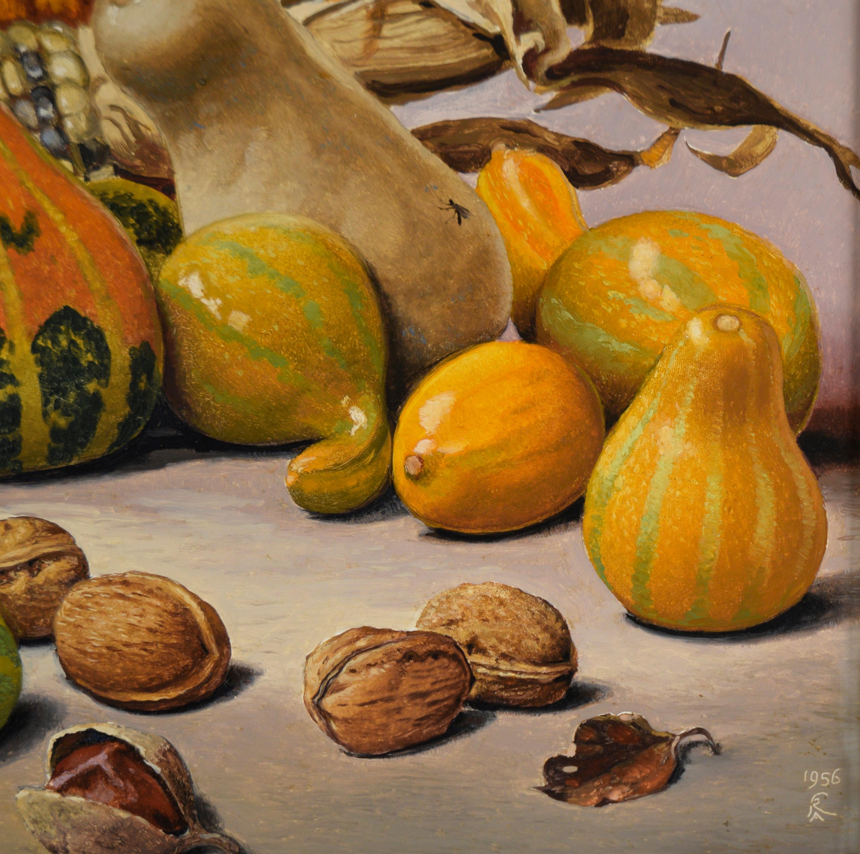 Autumn Gift - Seasonal Harvest Still Life with Flowers - Brown Still-Life Painting by Albin Kern