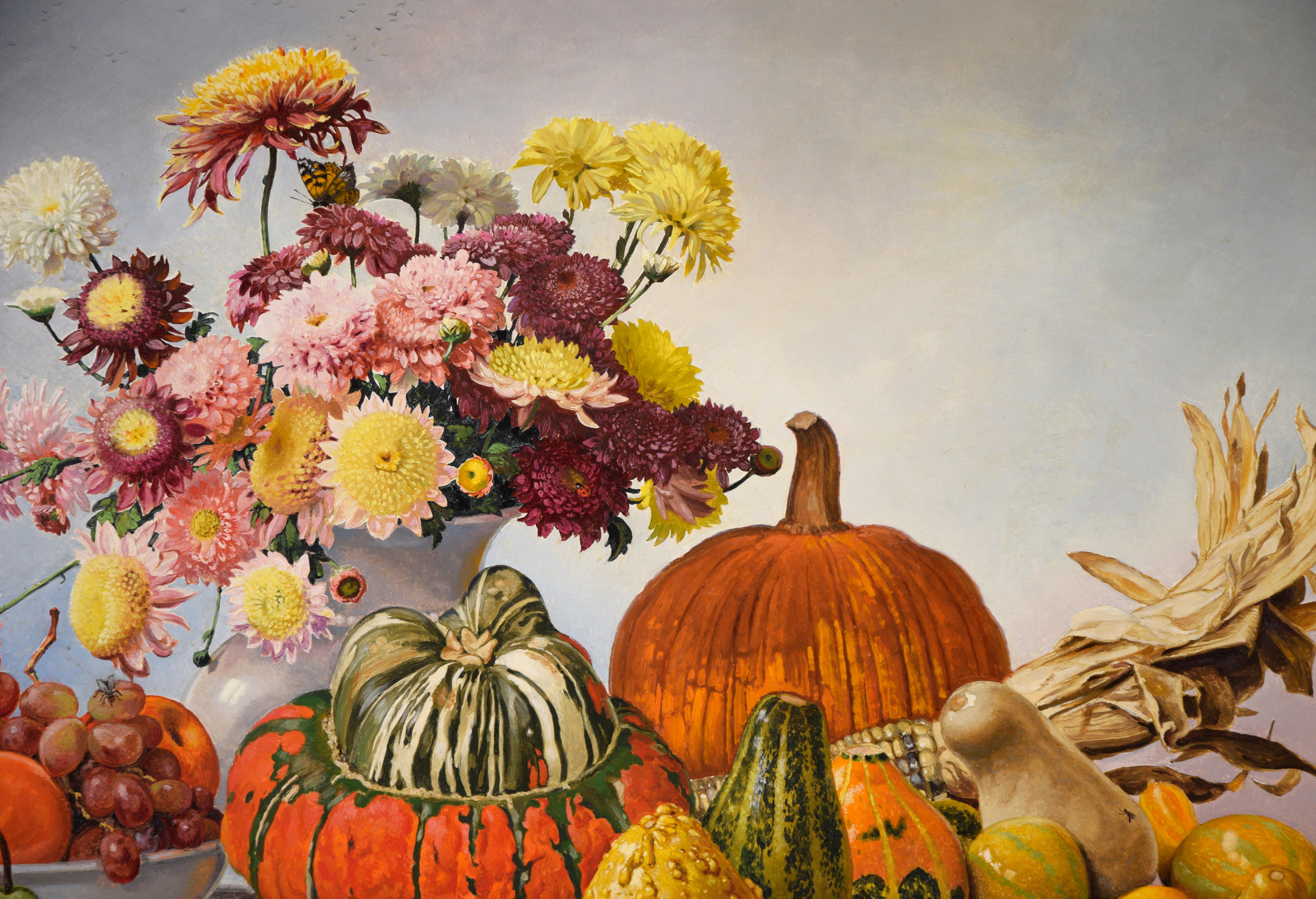 Autumn Gift - Seasonal Harvest Still Life with Flowers by Albin Kern. 

This still life by Austrian-American painter Albin Kern (b. 1884, d. 1975) depicts a seasonal spread of gourds, fruits, and flowers. The components of this still life are