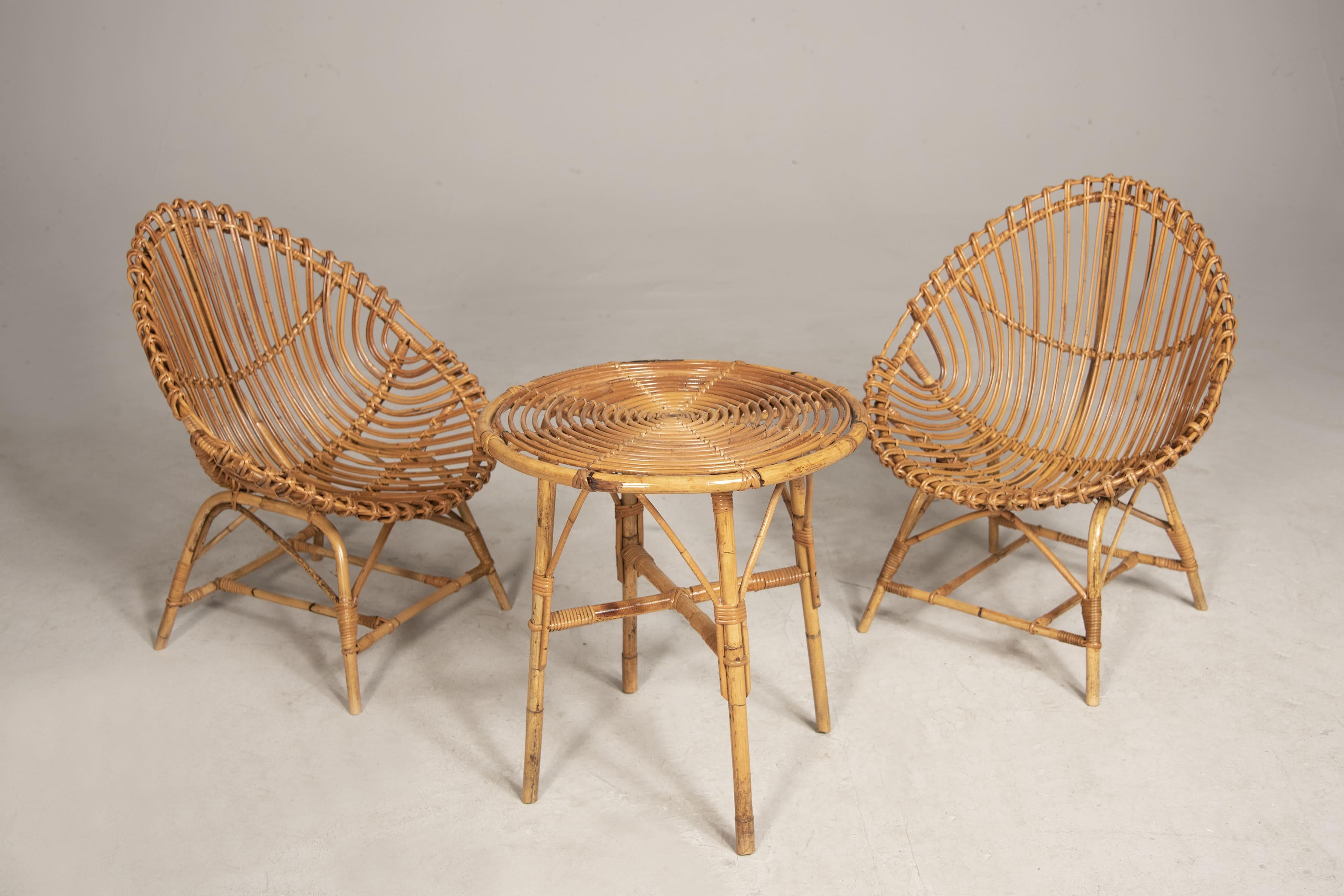 Albini 1950s Wicker Set of Armchairs and Coffee Table 1