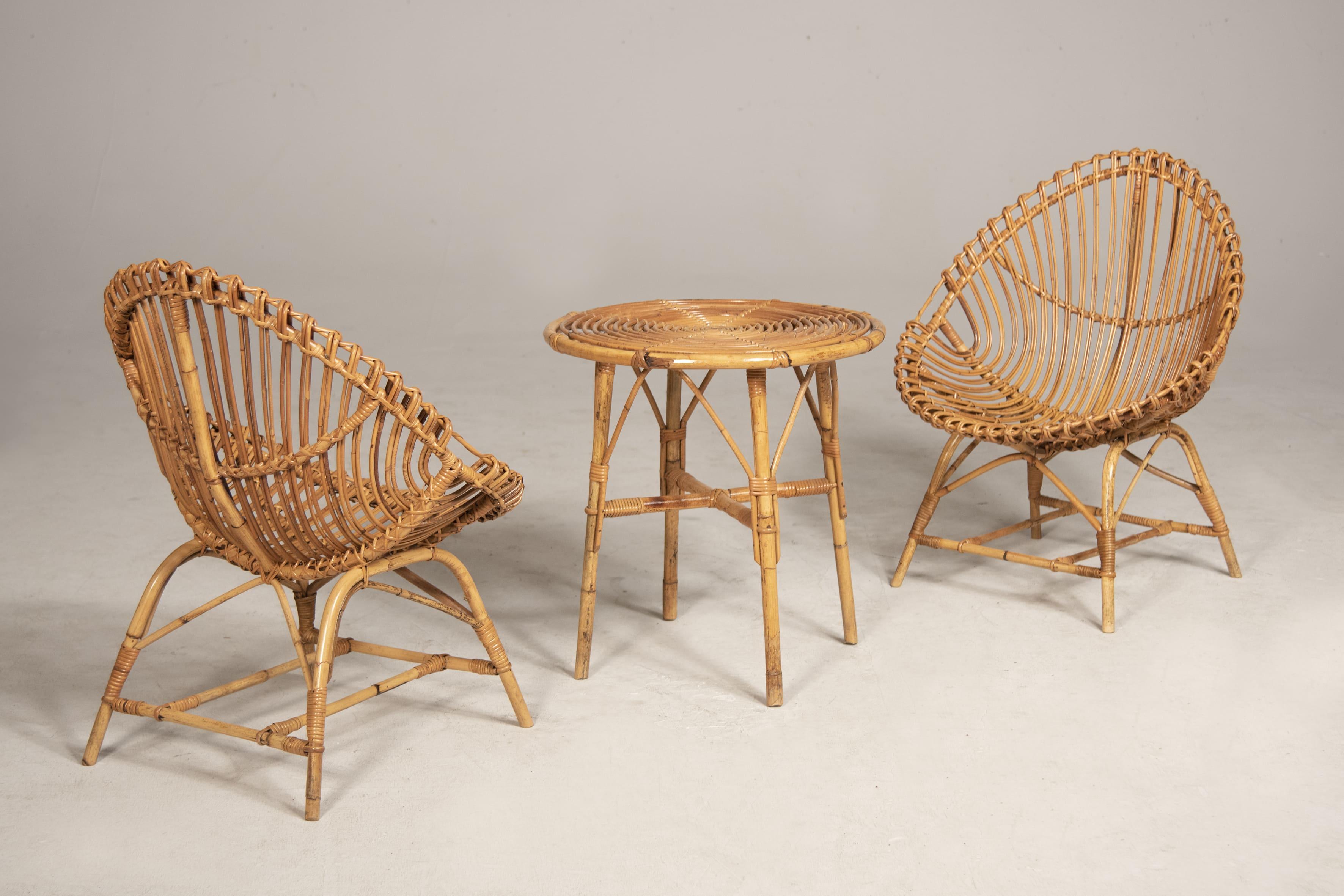 Albini 1950s Wicker Set of Armchairs and Coffee Table For Sale 2