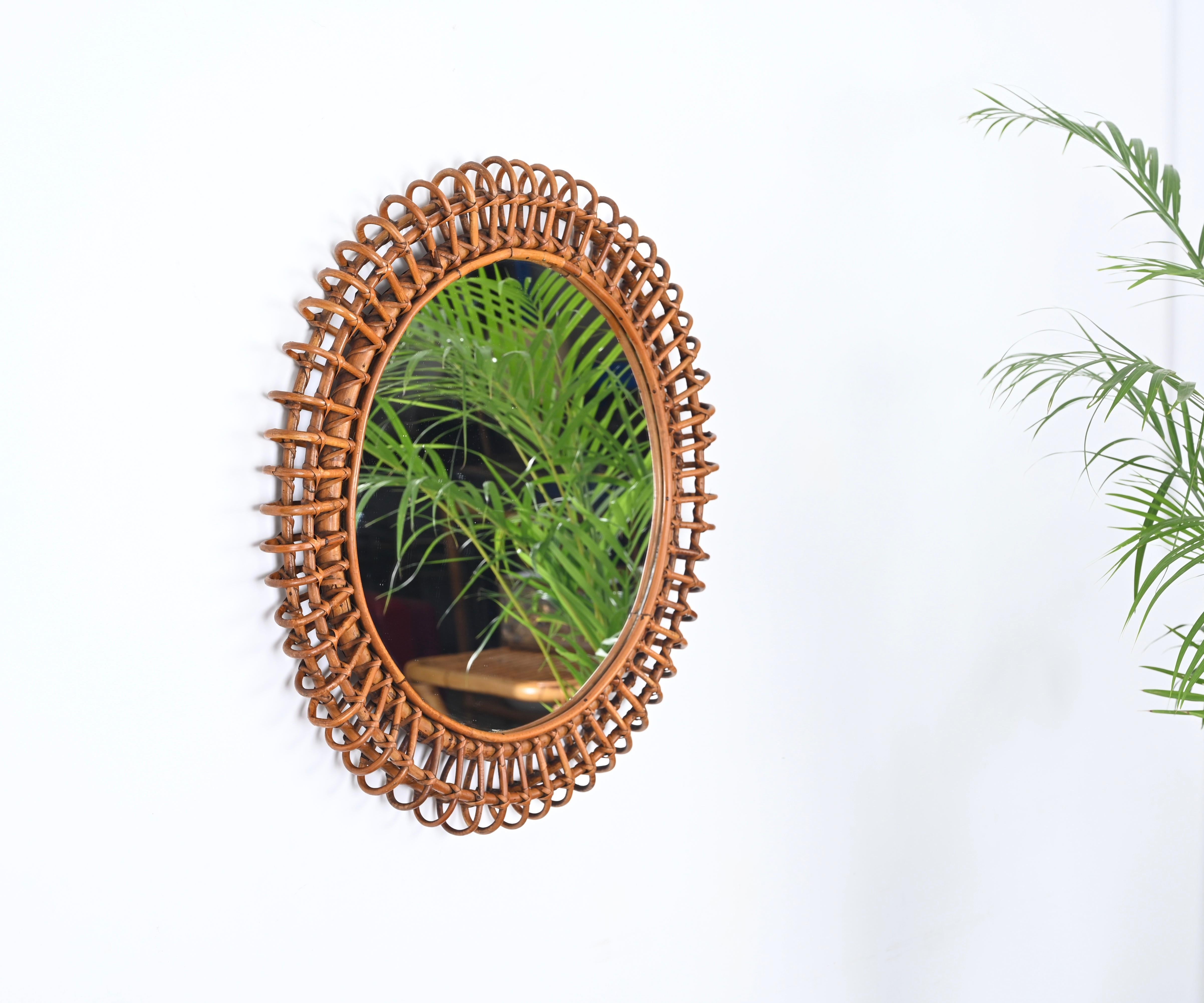 Albini Mid-Century French Riviera Bamboo and Rattan Round Italian Mirror, 1960s In Good Condition In Roma, IT