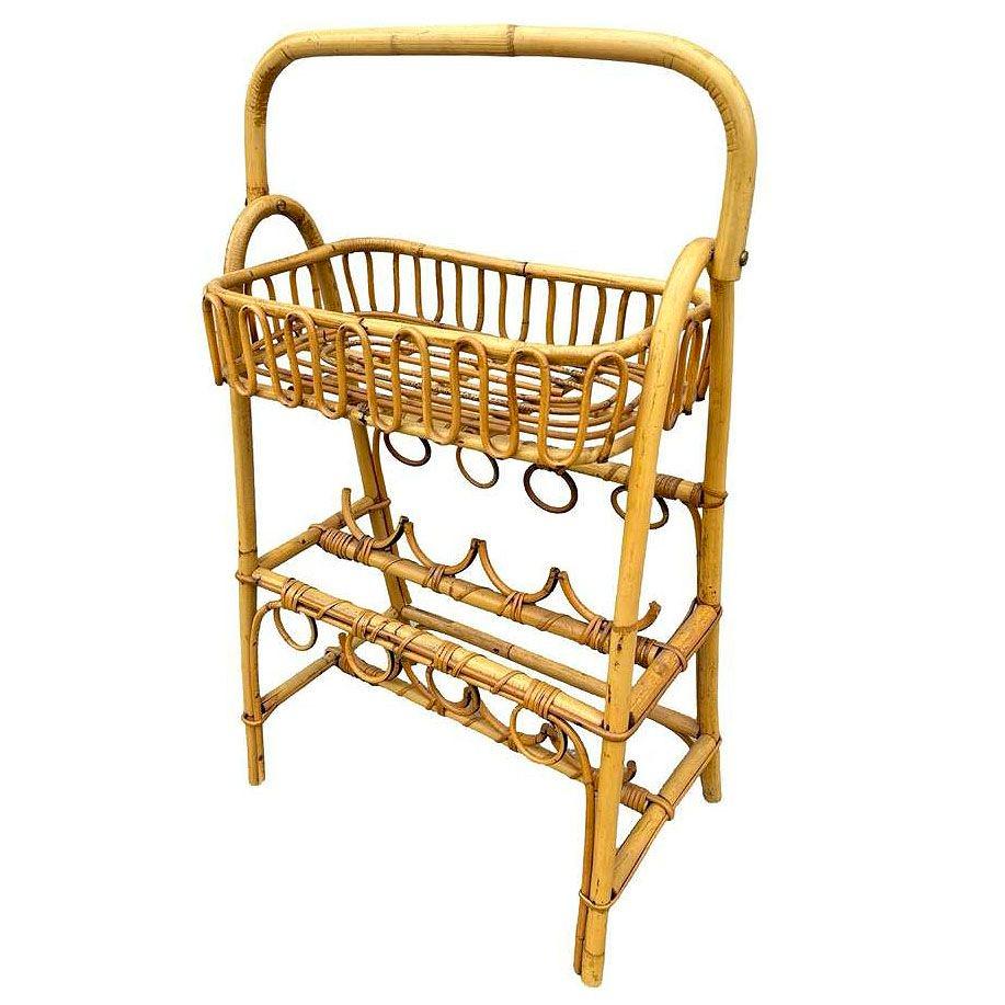 Italian Albini Style Rattan Service Side Table & Bottle Holder w/ Handle For Sale