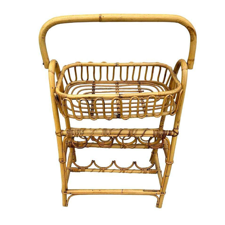 Albini Style Rattan Service Side Table & Bottle Holder w/ Handle In Excellent Condition For Sale In Van Nuys, CA