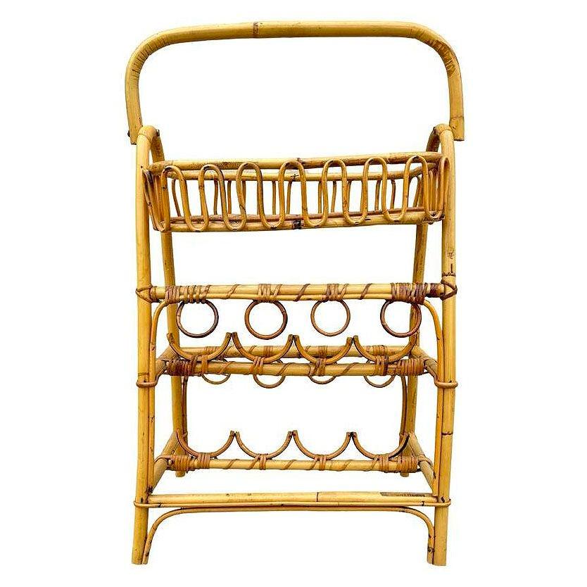 Mid-20th Century Albini Style Rattan Service Side Table & Bottle Holder w/ Handle For Sale