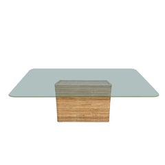 Albini Style Stacked Stick Reed Rattan Pedestal Dining Table w/ Glass top