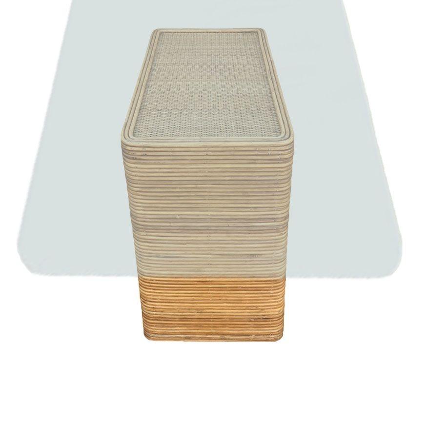 American Albini Style Stacked Stick Reed Rattan Pedestal Dining Table w/ Glass top