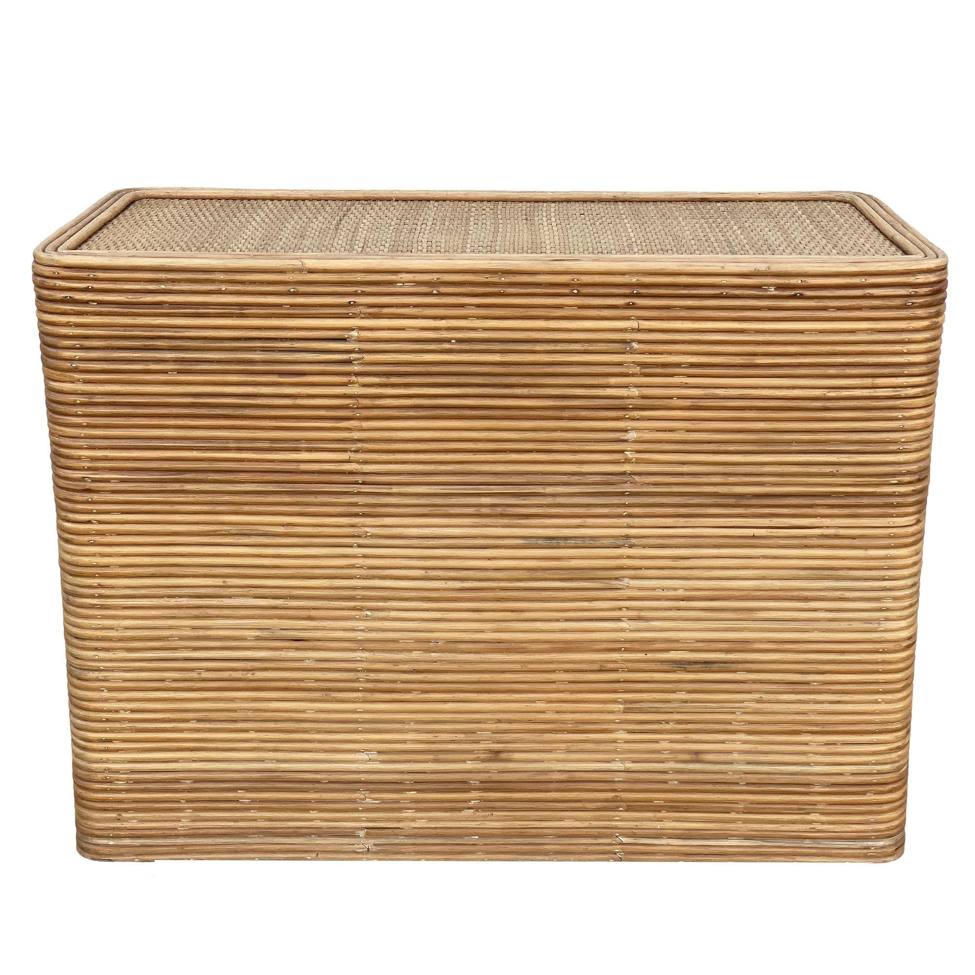 Mid-20th Century Albini Style Stacked Stick Reed Rattan Pedestal Dining Table w/ Glass top