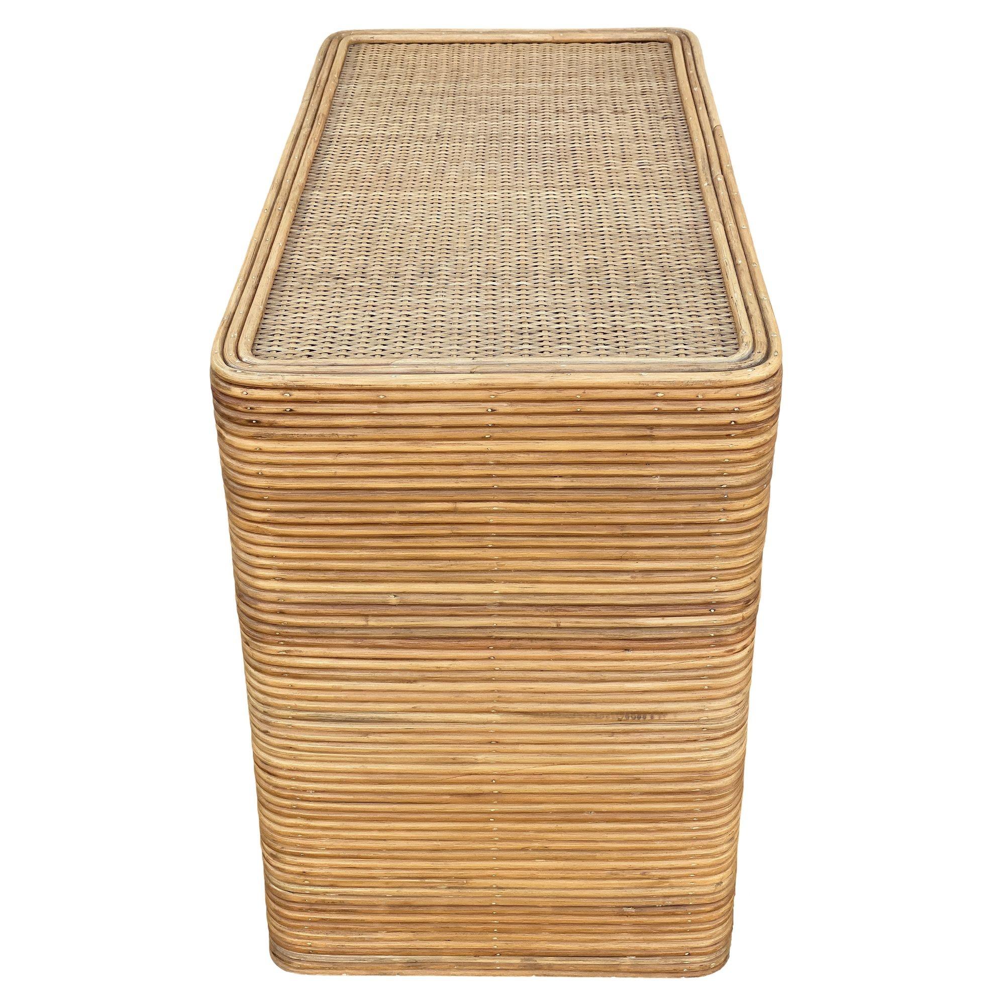 Albini Style Stacked Stick Reed Rattan Pedestal Dining Table w/ Glass top 2