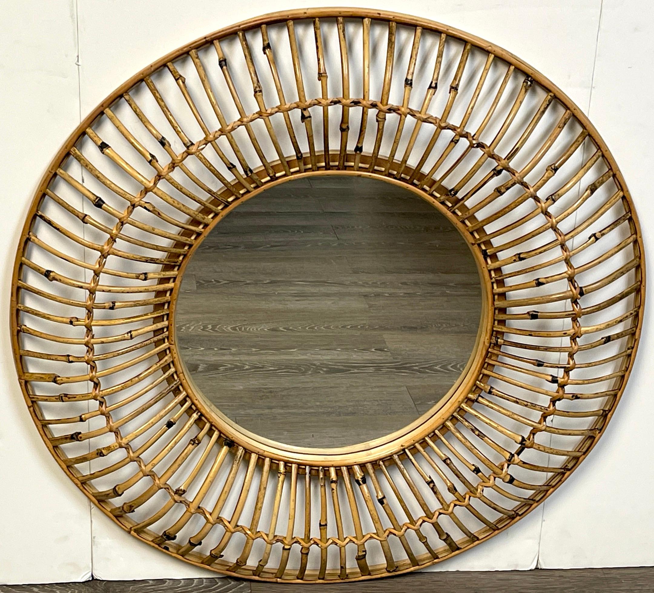 Mid-Century Modern Albini Style Sunburst Bamboo & Rattan Mirror For Sale