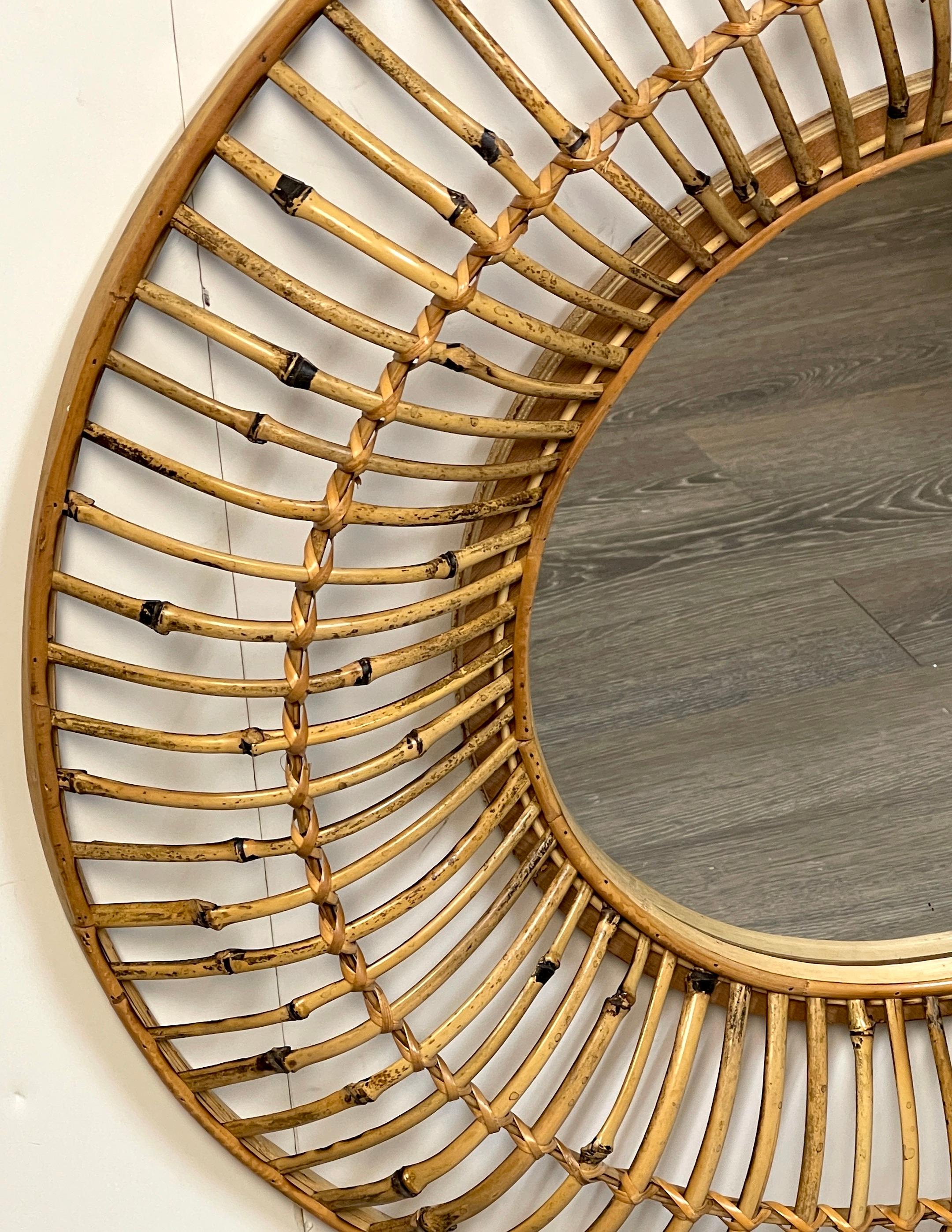 Italian Albini Style Sunburst Bamboo & Rattan Mirror For Sale