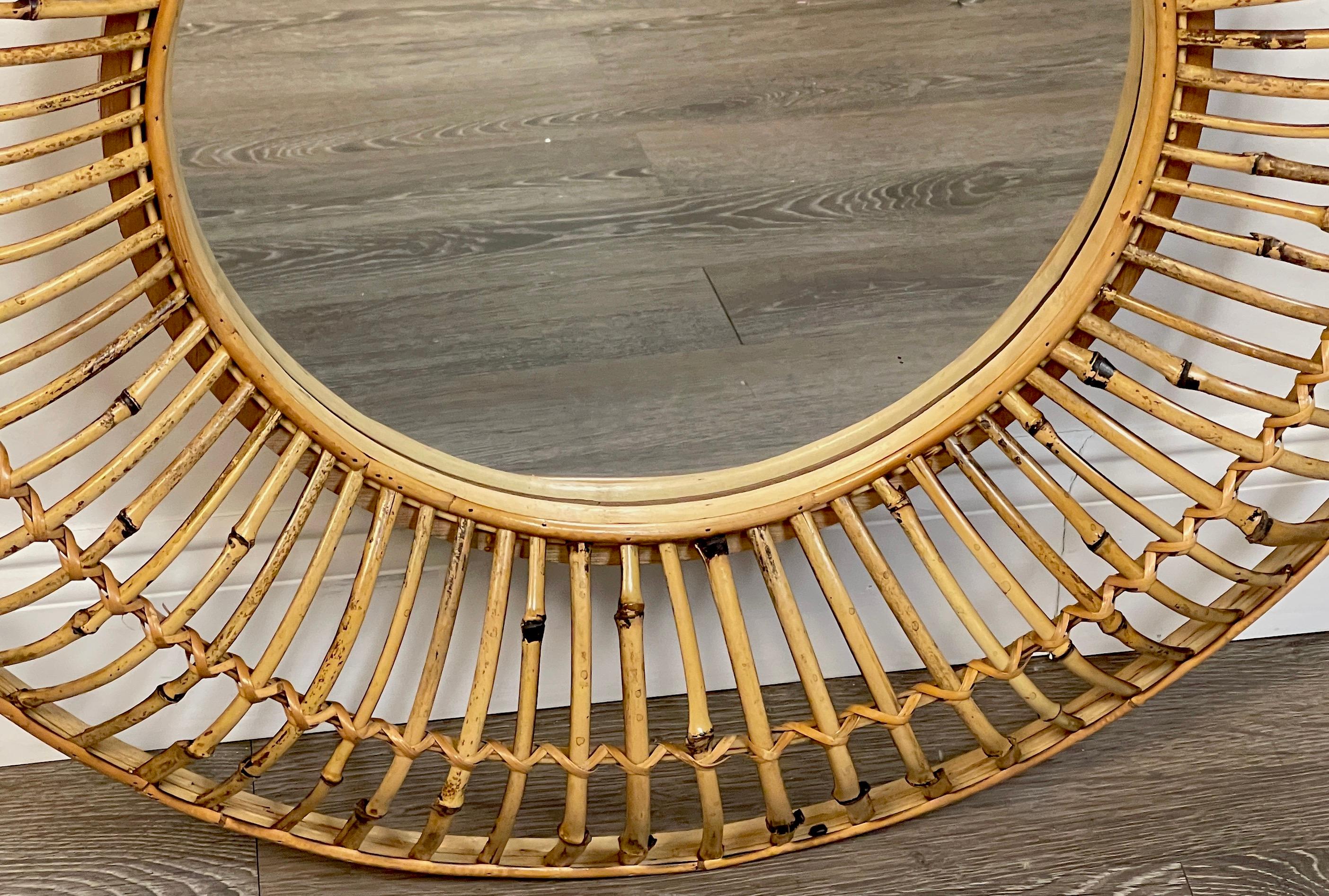 Woven Albini Style Sunburst Bamboo & Rattan Mirror For Sale