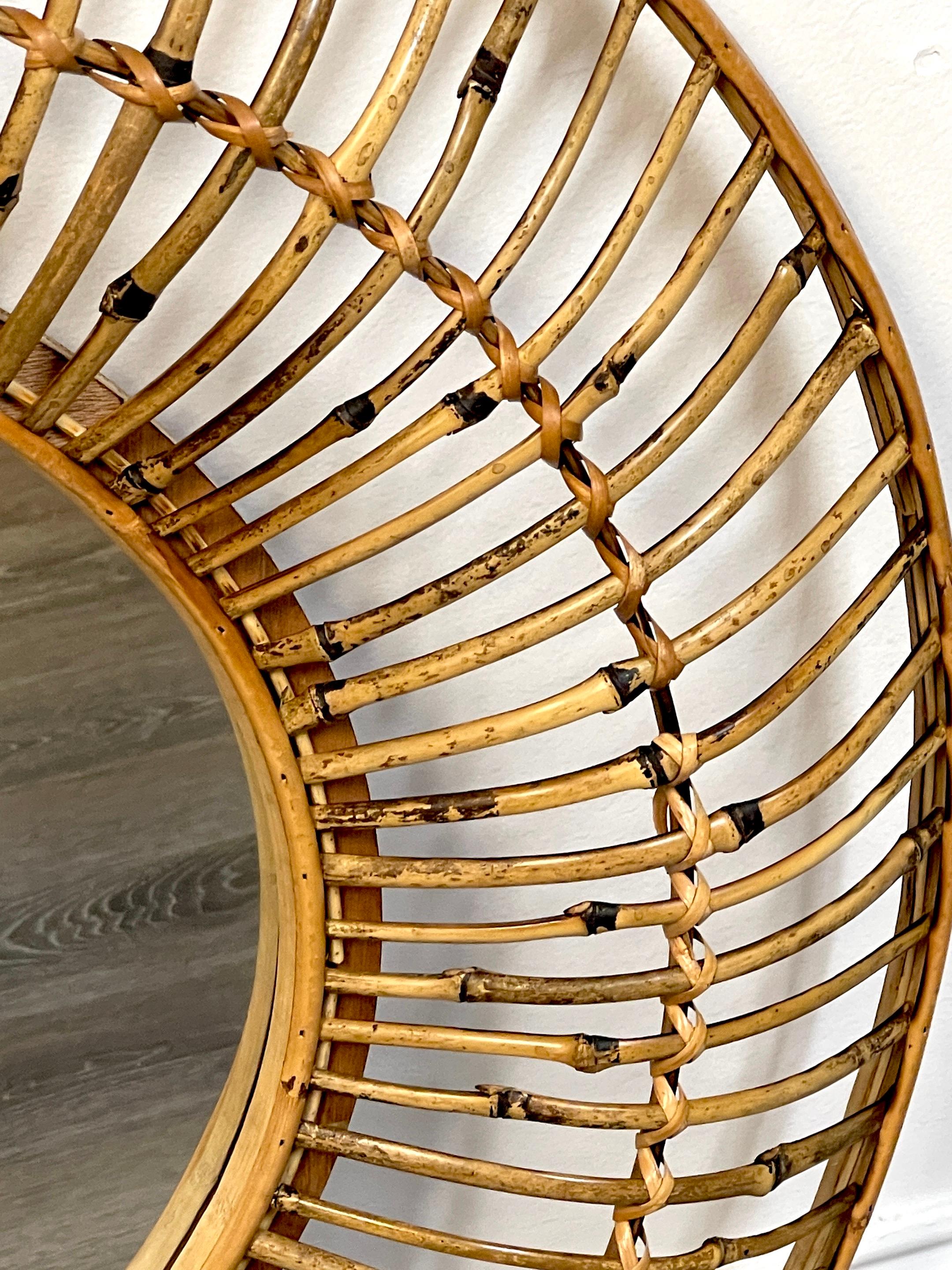 Albini Style Sunburst Bamboo & Rattan Mirror In Good Condition For Sale In West Palm Beach, FL