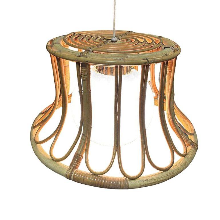 This beautifully restored Albini style tulip-shaped reed rattan ceiling pendant chandelier with fancy wicker wrappings. The lamp features an open tulip-shaped frame made with a rattan pole frame decorated with reed rattan looped half-moon accents