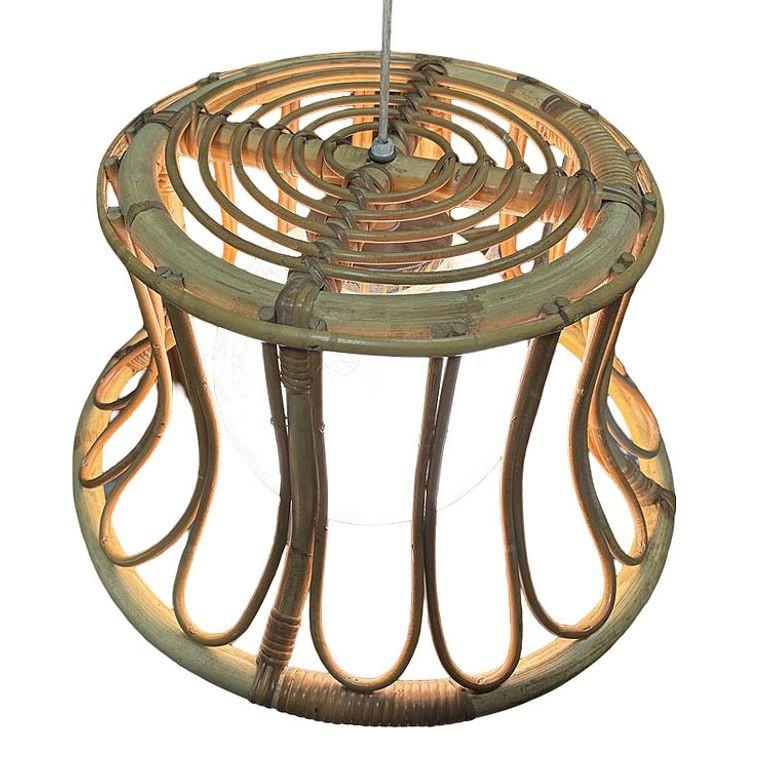 Organic Modern Albini Style Tulip-Shaped Reed Rattan Cieling Pendant Light w/ Glass Globe For Sale