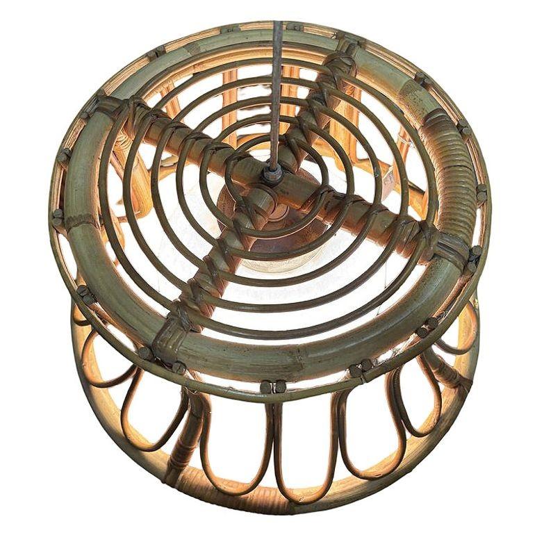 American Albini Style Tulip-Shaped Reed Rattan Cieling Pendant Light w/ Glass Globe For Sale
