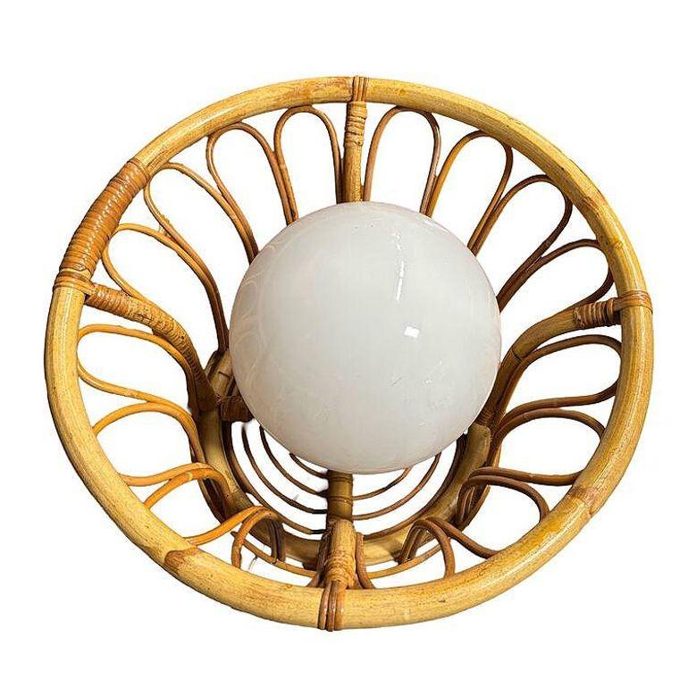 Late 20th Century Albini Style Tulip-Shaped Reed Rattan Cieling Pendant Light w/ Glass Globe For Sale
