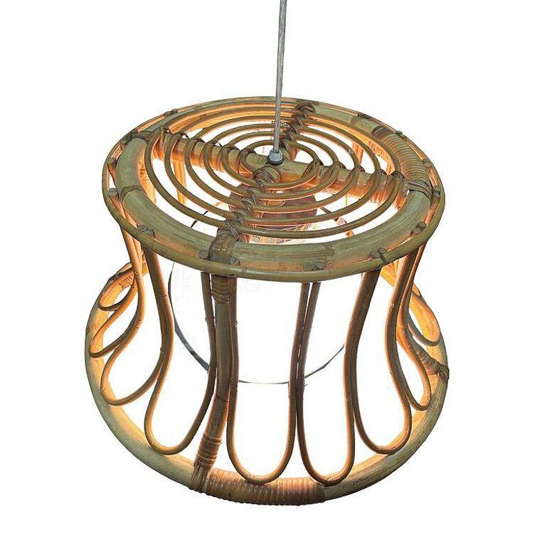 Wicker Albini Style Tulip-Shaped Reed Rattan Cieling Pendant Light w/ Glass Globe For Sale
