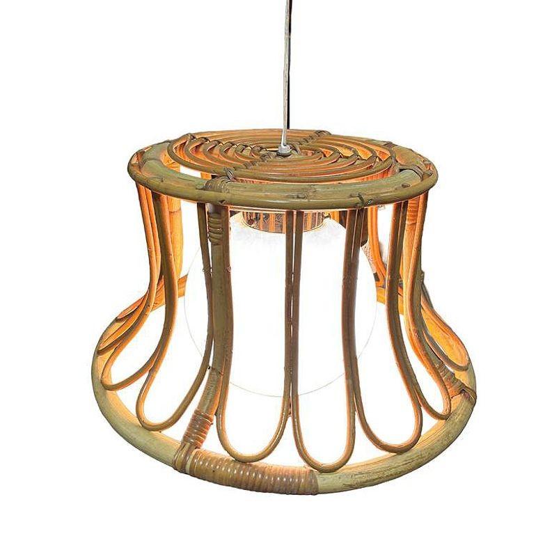 Albini Style Tulip-Shaped Reed Rattan Cieling Pendant Light w/ Glass Globe For Sale 1