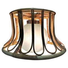 Albini Style Tulip-Shaped Reed Rattan Cieling Pendant Light w/ Glass Globe