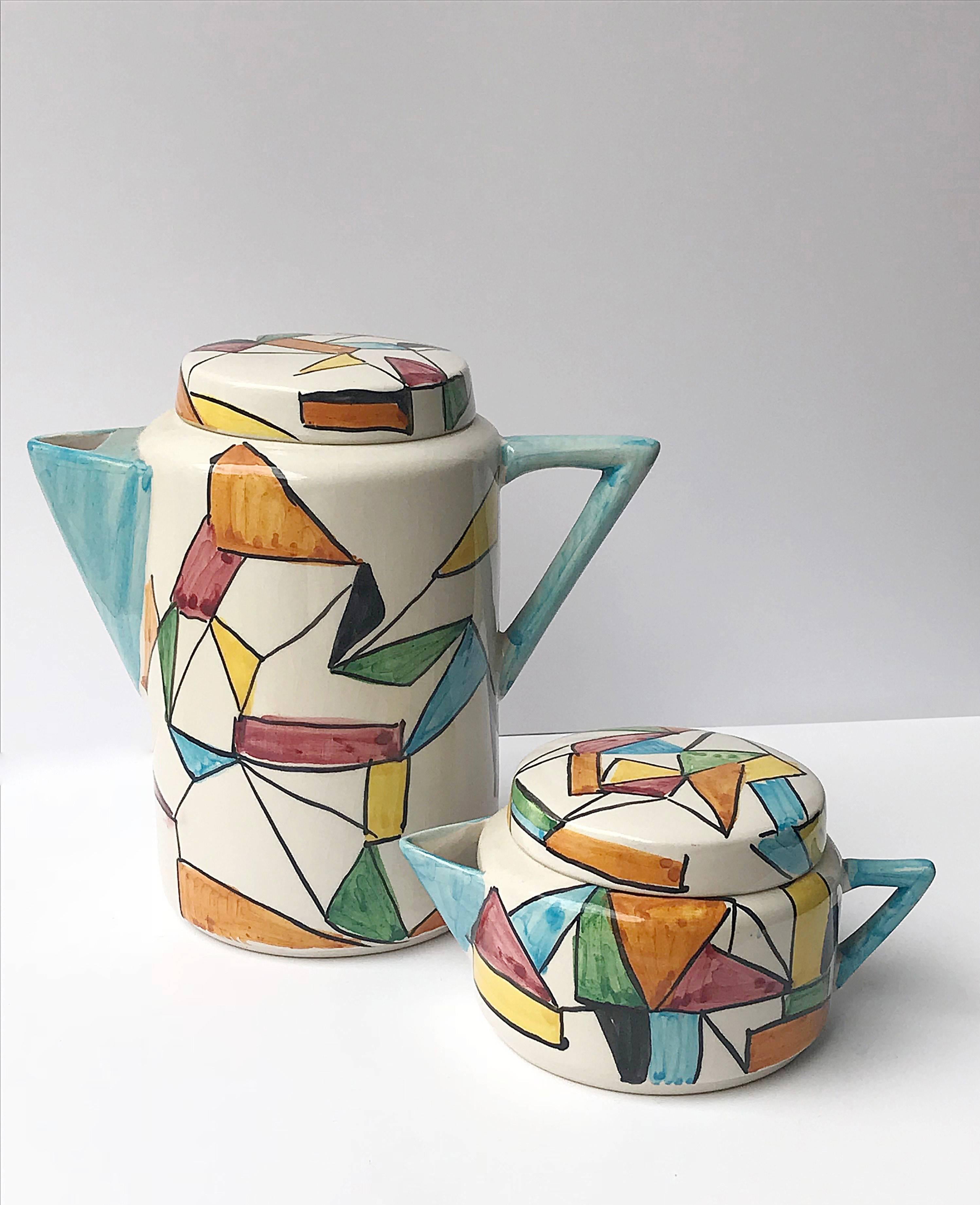 Metà XX secolo Ceramica di Albisola San Giorgio, pittura futurista, latte e teiera, Italia, anni '60
