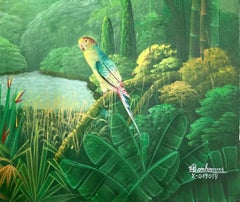 12"x16" Two Birds Perched On Branches, Mountains, & River Canvas Painting