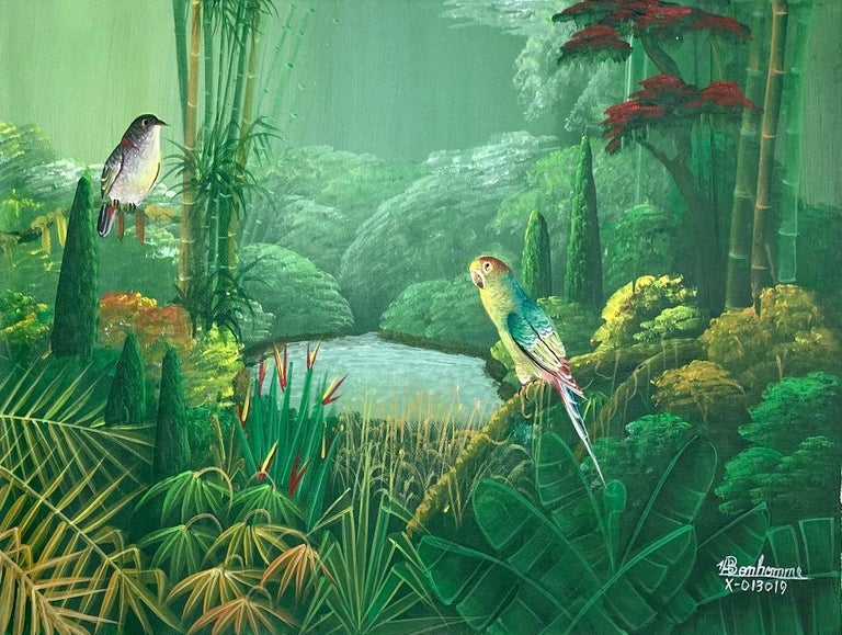 Albott Bonhomme 12"x16" Two Birds Perched On Branches, Mountains, and